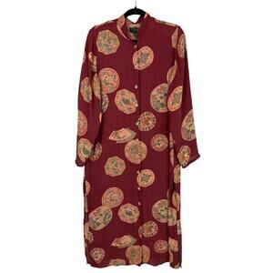 Citron Maroon Multicolored Pattern Silk Button Up Long Maxi Dress Duster Size L